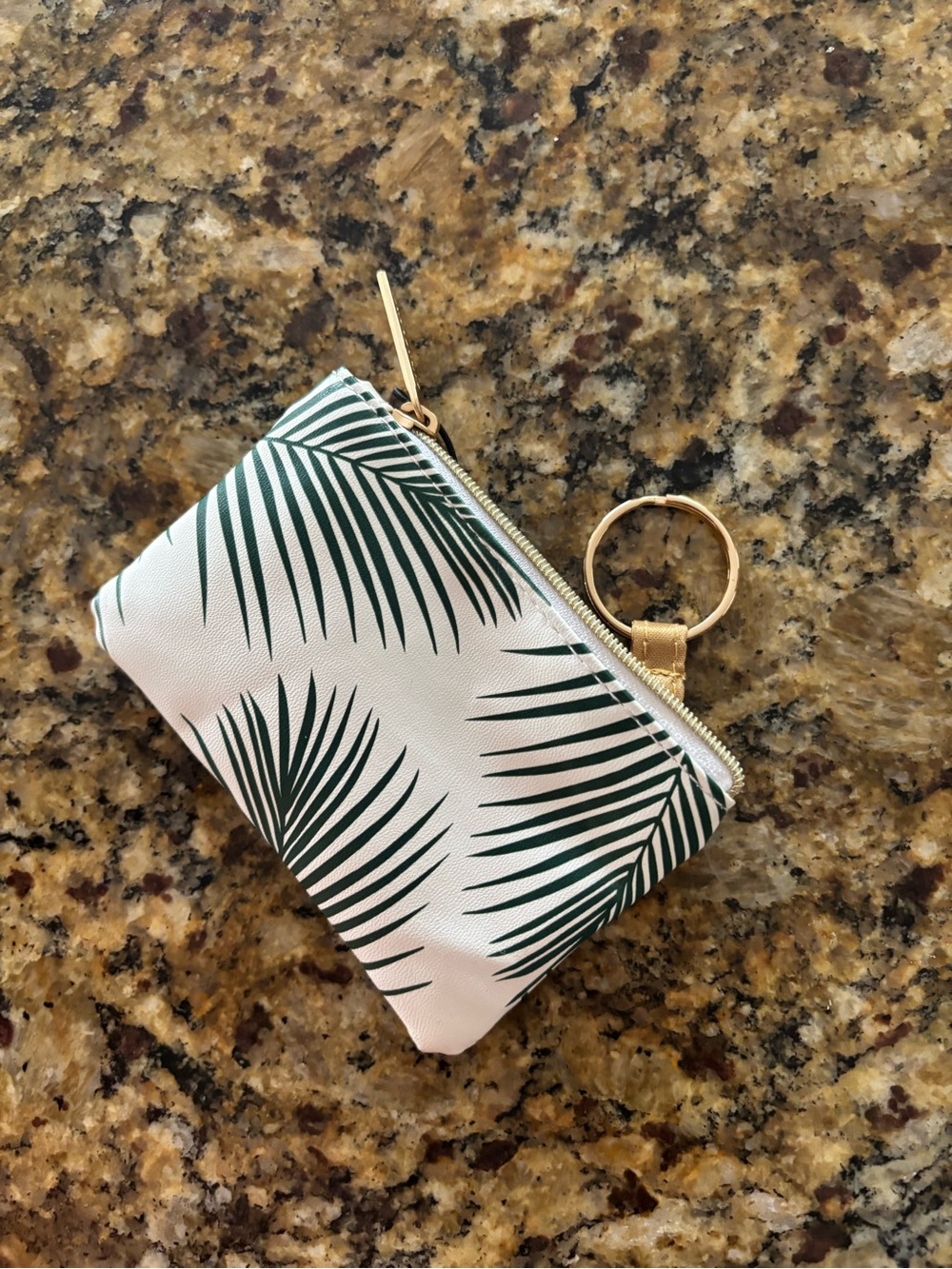 Starbucks Cream Pouch with Dark Green Palm Leaf Print and Gold Key Ring - Picture 3 of 3